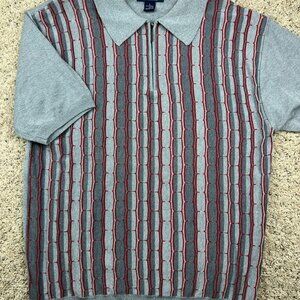 Peletti Large Golf Polo Shirt Red Gray 1/4 Zip Textured Knit Pullover Geometric
